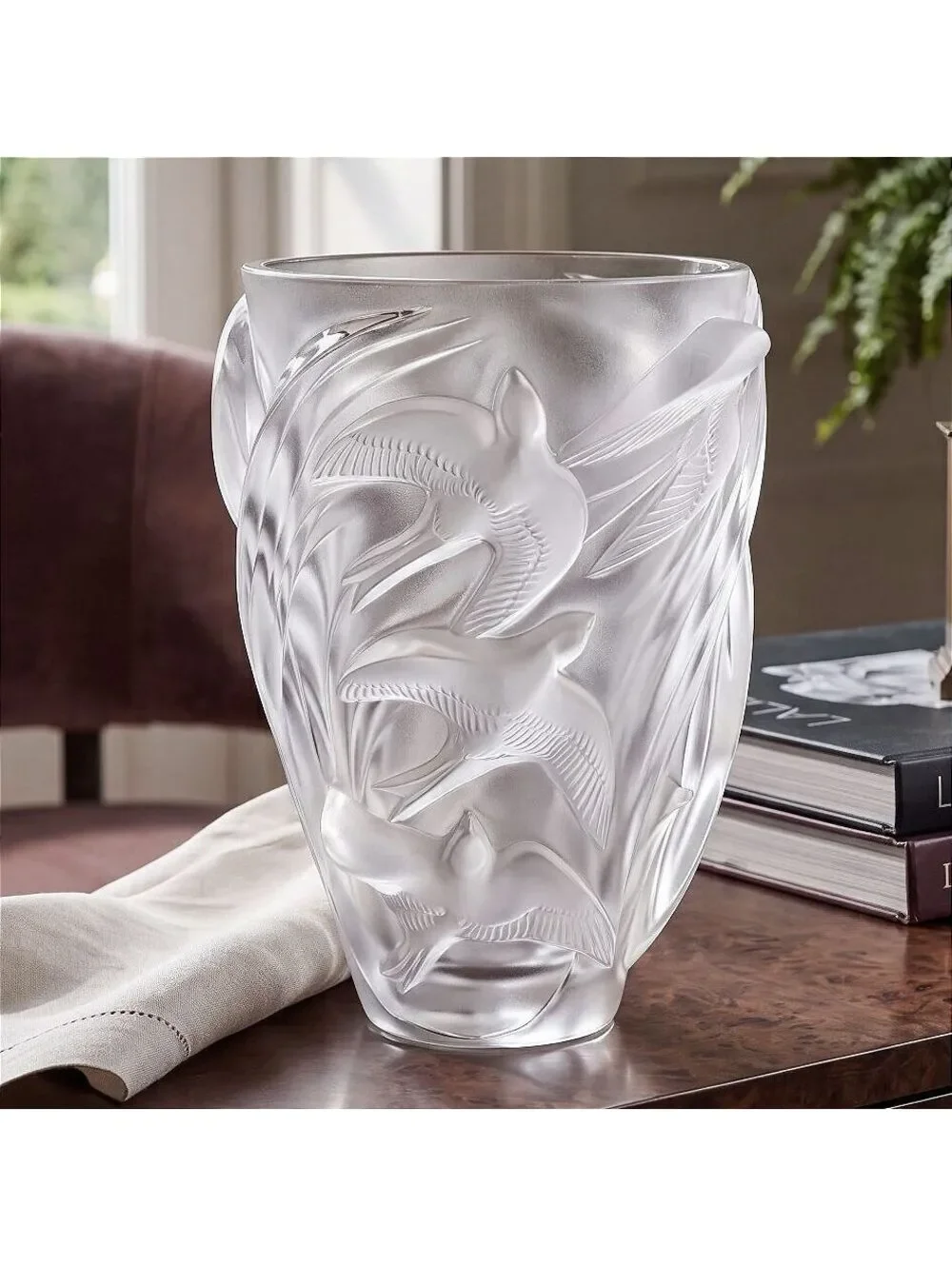 Vintage Large Lalique Martinets Large Frosted Crystal Swallows Vase France - 10
